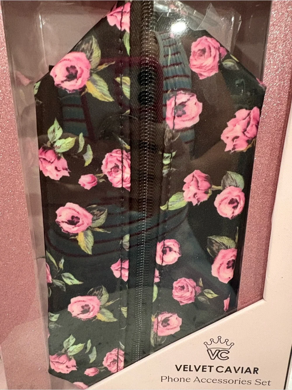 NIB Velvet Caviar Black & Pink Floral Phone Accessory Set